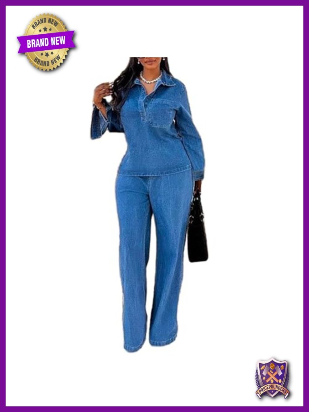 2 Piece Denim Set Long Sleeve Jean Blouse Wide Leg Pants Casual